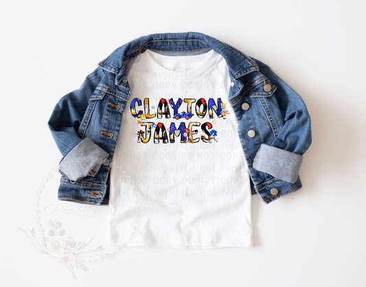 Personalized Blue Sonic Character Font Tee,Hedgehog Birthday Tee